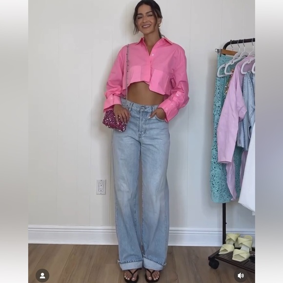 ZARA CROP POPLIN SHIRT LIGHT PINK - Picture 1 of 13